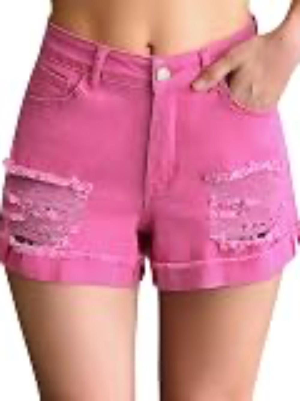 Roswear Women's Ripped Mid Rise Stretchy Denim Shorts in pink with Leopard Large